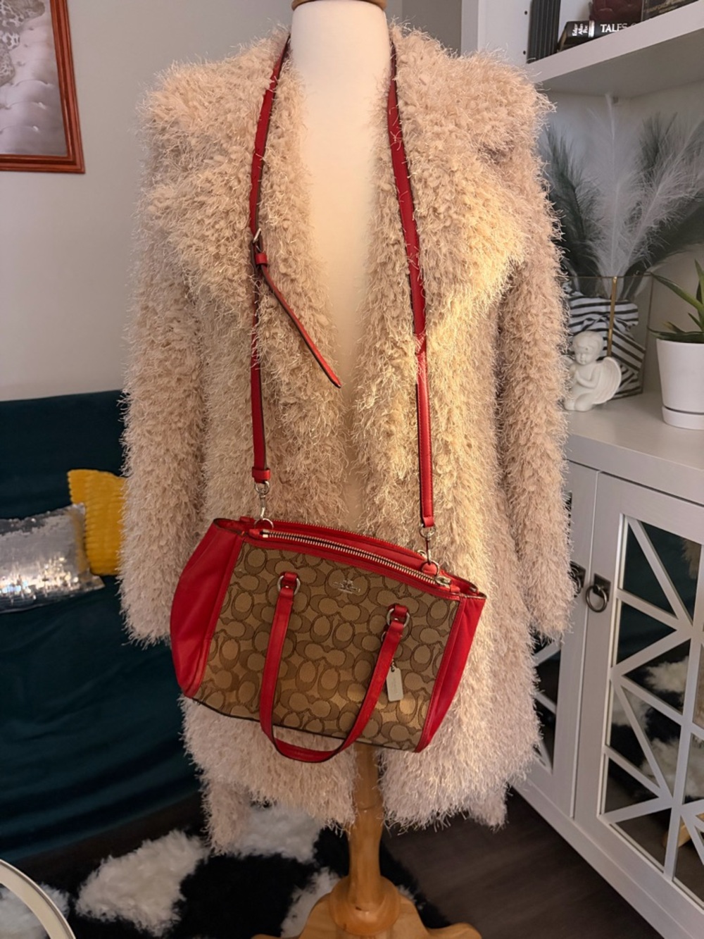 Coach Brown Signature Canvas Crossbody Satchel with Red Leather Trim